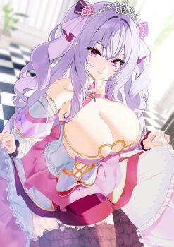 Rule 34 | 1girl, bare shoulders, breasts, cleavage, cleavage cutout, clothing cutout, commentary request, flower, frills, highres, hime 2dxkaiden, indie virtual youtuber, indoors, large breasts, long hair, original, purple eyes, purple hair, ribbon, rose, smile, solo, tagme, thighhighs, tiara