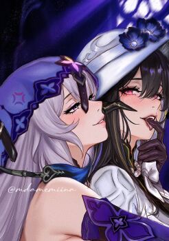 2girls belt black_flower black_hair black_swan_(honkai:_star_rail) blush commentary constance_(honkai:_star_rail) demon_horns demon_tail detached_sleeves english_commentary fangs finger_in_another&#039;s_mouth floral_print flower gloves hat honkai:_star_rail honkai_(series) horns jewelry mdamemiina multiple_girls necklace pearl_necklace prehensile_tail purple_hair red_eyes sun_hat tail veil yellow_eyes yuri