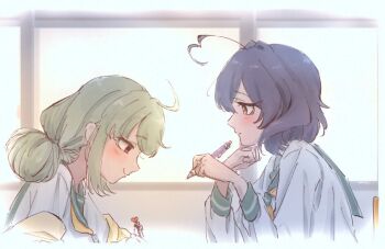 2girls ahoge araga_kiwi black_hair blonde_hair double_bun green_sailor_collar hair_bun hand_on_own_chin heart heart_ahoge hiiragi_utena hiiragi_utena&#039;s_school_uniform holding holding_pen holding_pencil huge_ahoge long_hair long_sleeves mahou_shoujo_ni_akogarete medium_hair multiple_girls pen pencil purple_eyes sailor_collar school_uniform serafuku shirt sitting smile uiro_tori white_serafuku white_shirt yellow_eyes