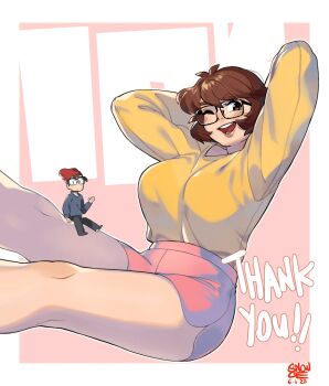 1boy 1girl artist_name artist_self-insert beanie beard_stubble blush border breasts dated facial_hair glasses hat highres large_breasts long_sleeves looking_at_viewer one_eye_closed original pink_shorts red_hat shirt short_hair shorts simple_background sitting size_difference smile snowcie snowcie_(character) snowciel_(snowcie) stubble thank_you white_border yellow_shirt