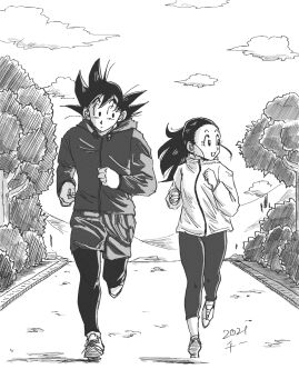 1boy 1girl alternate_costume arms_at_sides black_eyes black_hair black_leggings bush chi-chi_(dragon_ball) chi_(cmon_57) clenched_hands closed_mouth cloud cloudy_sky collared_jacket dragon_ball drawstring expressionless eyelashes floating_hair greyscale hair_between_eyes hair_slicked_back hair_strand happy height_difference high_collar highres hood hood_down hoodie jacket jogging leggings looking_afar looking_at_another monochrome mountainous_horizon open_mouth outdoors path ponytail road shadow shoes shorts side-by-side sideways_glance sky sneakers son_goku spiked_hair tree