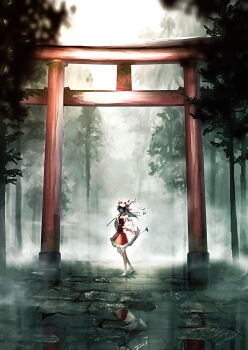 1girl absurdres ascot bow brown_hair commentary_request detached_sleeves frilled_bow frilled_hair_tubes frilled_skirt frills gohei hair_bow hair_tubes hakurei_reimu highres holding holding_gohei long_hair outdoors puddle red_bow red_skirt reflection reflective_liquid sandals skirt skirt_set socks solo t_terano torii touhou tree white_socks yellow_ascot