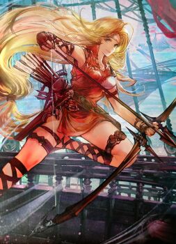 1girl absurdres blonde_hair bow_(weapon) breasts brigid_(fire_emblem) fingerless_gloves fire_emblem fire_emblem:_genealogy_of_the_holy_war fire_emblem_cipher gloves green_eyes headband highres holding holding_bow_(weapon) holding_weapon long_hair looking_at_viewer medium_breasts nejita nintendo official_art scan ship smile solo third-party_source watercraft weapon