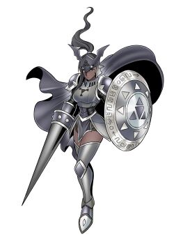 1girl absurdres armor black_armor black_cape black_hair black_helmet black_skirt breasts cape chaosdukemon dark-skinned_female dark_skin digimon dual_wielding full_body helmet highres holding holding_polearm holding_shield holding_weapon lance medium_breasts polearm sewally1399982 shield simple_background skirt solo weapon white_background