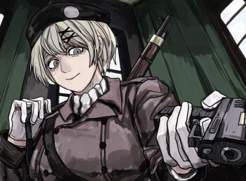 Rule 34 | 1girl, aiming, ascot, axis powers hetalia, belt, beret, black belt, black hat, blonde hair, blue eyes, breasts, brown coat, buttons, closed mouth, coat, day, gloves, gun, hair between eyes, hair ornament, handgun, hands up, hat, highres, holding, holding gun, holding weapon, indoors, jacket, kiguchi05, lapels, large breasts, long sleeves, looking at viewer, military, military hat, military jacket, military uniform, rifle, shirt, short hair, sky, smile, sniper rifle, solo, ukraine (hetalia), upper body, weapon, weapon on back, white ascot, white gloves, white shirt, white sky, window, x hair ornament