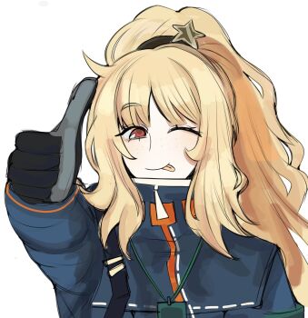 Rule 34 | 1girl, ^ ^, armband, black gloves, blonde hair, blue jacket, blush, closed eyes, commentary, empurpiee, english commentary, ezra (project moon), freckles, gloves, green armband, hair between eyes, hair ornament, high ponytail, highres, id card, jacket, limbus company, long hair, one-eyed, ponytail, project moon, red eyes, sidelocks, sketch, solo, star (symbol), star hair ornament, the distortion detective, thumbs up, tongue, tongue out, upper body, white background