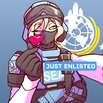 1girl armor bandolier belt black_gloves blue_background bulletproof_vest explosive finger_heart flag gloves goggles goggles_on_headwear green_eyes grenade heart helldivers_(series) highres looking_at_viewer mask military_uniform miragecomedy mouth_mask one_eye_closed pauldrons seaf_soldier_(helldivers) short_hair shoulder_armor smile solo