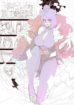 1girl 6+boys absurdres akatsuki_(naruto) akatsuki_uniform breasts chibi cleavage deidara_(naruto) dress face_piercing flower glasses hair_flower hair_ornament hidan_(naruto) highres hoshigaki_kisame jiraiya_(naruto) jun_wu_mo kakuzu_(naruto) konan_(naruto) labret_piercing large_breasts makeup multiple_boys nagato_(naruto) naruto_(series) naruto_shippuuden orange_eyes pain_(naruto) paper purple_hair red_lips short_hair smile solo_focus tobi_(naruto) uchiha_itachi uchiha_obito uzumaki_naruto zetsu_(naruto) zipper_pull_tab