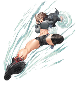 1girl abs amatsu_anri ass breasts eyepatch full_body highres jumping kicking large_breasts lilith-soft mask navel scar shindol shiny_skin short_shorts shorts solo taimanin_(series) taimanin_rpgx thighs thong white_background wind