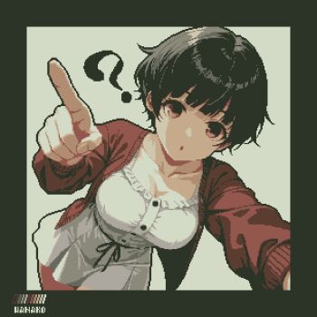 :o ? artist_name black_hair blunt_bangs breasts buttons cardigan cleavage collarbone dress highres large_breasts long_sleeves looking_at_viewer open_cardigan open_clothes original pixel_art pixie_cut pointing pointing_at_viewer red_cardigan short_dress short_hair specialhanako white_dress