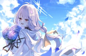 Rule 34 | 1girl, absurdres, atsuko (blue archive), blue archive, blush, bouquet, braid, clover dot (clov erd), flower, highres, holding, holding bouquet, jacket, long hair, looking at viewer, open mouth, purple flower, purple hair, solo, twin braids, white jacket