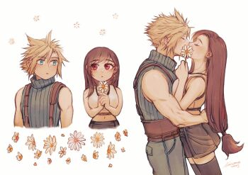 1boy 1girl bare_arms bare_shoulders black_hair black_skirt black_thighhighs blonde_hair blue_eyes blue_sweater blush breast_press breasts brown_eyes closed_eyes closed_mouth cloud_strife commentary couple cowboy_shot crop_top earrings english_commentary facing_another final_fantasy final_fantasy_vii final_fantasy_vii_rebirth final_fantasy_vii_remake flower from_side hetero holding holding_flower hug jewelry kiss large_breasts linono long_hair looking_at_another low-tied_long_hair midriff miniskirt multiple_views navel profile red_eyes ribbed_sweater short_hair signature simple_background single_earring skirt sleeveless sleeveless_turtleneck spiked_hair suspenders sweater tank_top thighhighs tifa_lockhart turtleneck turtleneck_sweater upper_body white_background white_flower white_tank_top zettai_ryouiki