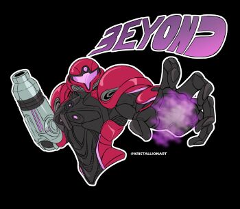 Rule 34 | 1girl, arm cannon, armor, artist name, assault visor, black background, commentary request, copyright name, full armor, helmet, highres, kristallion, metroid, metroid prime 4: beyond, nintendo, power suit (metroid), purple visor, red armor, samus aran, science fiction, simple background, solo, twitter username, two-tone armor, vi-o-la suit, weapon