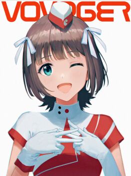 1girl :d amami_haruka asymmetrical_gloves blush breasts brown_hair dot_nose garrison_cap gloves green_eyes hair_ribbon hat highres idolmaster idolmaster_(classic) idolmaster_million_live! idolmaster_million_live!_theater_days looking_at_viewer medium_breasts one_eye_closed open_mouth ribbon short_hair short_sleeves simple_background smile solo sugar_rush_(sugarsafaia) two-tone_gloves two-tone_headwear two-tone_shirt uneven_gloves upper_body voy@ger_(idolmaster) white_background white_ribbon