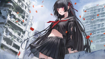 1girl absurdres black_hair black_sailor_collar black_serafuku black_shirt black_skirt building chisa_(wuthering_waves) commentary_request confetti cowboy_shot crop_top crop_top_overhang cropped_shirt day hair_ribbon highres long_hair midriff miniskirt navel neckerchief outdoors pamumii parted_lips pleated_skirt red_eyes red_neckerchief red_ribbon ribbon sailor_collar school_uniform serafuku shirt skirt solo standing straight_hair urban very_long_hair wuthering_waves