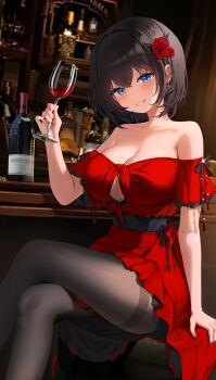 1girl absurdres alcohol arm_support bar_(place) bare_shoulders black_hair black_pantyhose blue_eyes blush bottle breasts cleavage cleavage_cutout clothing_cutout collarbone commentary crossed_bangs crossed_legs cup dongleyoung dress dress_flower drinking_glass earrings flower glint hair_between_eyes hair_flower hair_ornament hand_up hashtag-only_commentary head_tilt heart heart_earrings highres holding holding_cup indoors jewelry large_breasts looking_at_viewer nail_polish off-shoulder_dress off_shoulder pantyhose parted_lips red_dress red_flower red_nails red_rose red_wine rose shirayuki_hina short_hair sidelocks sitting smile solo stellive symbol-only_commentary thighband_pantyhose thighs tied_dress virtual_youtuber wine wine_bottle wine_glass