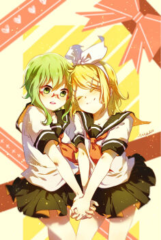 2girls birney_(bljp) black_sailor_collar black_skirt bow closed_eyes closed_mouth commentary glasses green_eyes gumi hair_between_eyes hair_bow hair_ornament hairband hairclip high_heels highres interlocked_fingers kagamine_rin multiple_girls neckerchief parted_lips pleated_skirt sailor_collar school_uniform semi-rimless_eyewear serafuku shirt short_sleeves skirt smile swept_bangs symbol-only_commentary two-sided_fabric two-sided_skirt under-rim_eyewear vocaloid wan_liang_sora white_bow white_hairband white_shirt yellow_neckerchief