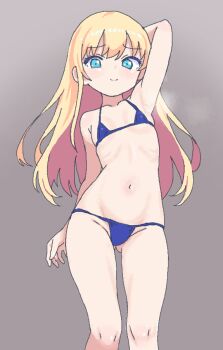 1girl arm_behind_head armpits bikini blonde_hair blue_bikini blue_eyes contrapposto feet_out_of_frame flat_chest from_below gluteal_fold loli long_hair micro_bikini nattocurryumeee navel original paint_chat_(medium) solo swimsuit