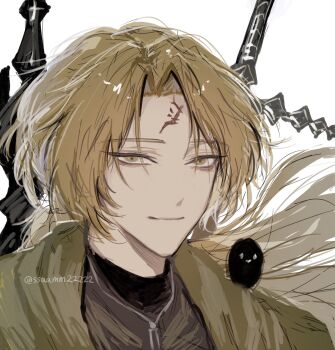 1boy a_certain_sinclair_(project_moon) aged_up bags_under_eyes bird black_bird black_shirt blonde_hair coat curtained_hair facial_mark floating_hair forehead_mark halberd highres jewelry limbus_company long_hair looking_at_viewer male_focus necklace polearm project_moon shirt sinclair_(project_moon) smile solo spoilers ssaamm22222 sword weapon weapon_on_back white_background yellow_coat yellow_eyes