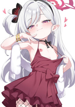 1girl :3 absurdres armpits bare_shoulders blue_archive bracelet closed_mouth commentary cowboy_shot dress evening_gown fishnet_pantyhose fishnets flashing flat_chest halo heart highres jewelry loli long_hair looking_at_viewer mafunyo mutsuki_(blue_archive) mutsuki_(dress)_(blue_archive) nipples no_bra official_alternate_costume pantyhose pointy_ears purple_eyes raised_eyebrows red_dress red_halo simple_background sleeveless sleeveless_dress smile solo spaghetti_strap tsurime untranslatable_commentary white_background white_hair
