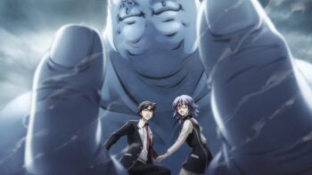 Rule 34 | 1girl, 2boys, belt, black hair, black jacket, black pants, blazer, blue hair, breasts, chaos;child, cloud, day, dress shirt, dress vest, fat, fat man, floating neckwear, game cg, giant, glasses, hekiho academy school uniform, highres, jacket, kazuki hana, large breasts, miniskirt, miyashiro takuru, multiple boys, necktie, no jacket, non-web source, official art, opaque glasses, open mouth, outdoors, pants, pulling another's clothes, purple eyes, red-framed eyewear, red necktie, sailor collar, sailor shirt, sasaki mutsumi, school uniform, science adventure, shirt, skirt, sky, sumo, sumo sticker (chaos;child), surprised, tongue, white belt, white sailor collar, white shirt