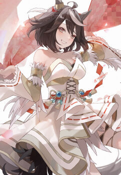 Rule 34 | 1girl, absurdres, animal ears, black hair, breasts, cleavage, detached sleeves, ear ornament, highres, horse ears, horse girl, japanese clothes, kimono, kitasan black (jubilant star auspicious crane) (umamusume), kitasan black (umamusume), looking at viewer, medium breasts, multicolored hair, new year, short hair, smile, solo, streaked hair, twitter username, umamusume, white hair, white kimono, yogukasu