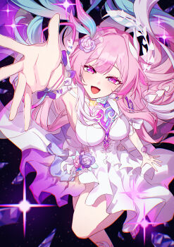 1girl :d absurdres arm_up blue_hair breasts chromatic_aberration commentary_request cyrene_(honkai:_star_rail) cyrene_(ripples_of_past_reverie)_(honkai:_star_rail) diamond-shaped_pupils diamond_(shape) dress flower from_above gradient_hair hair_flower hair_ornament highres honkai:_star_rail honkai_(series) izanaware_game large_breasts light_blush long_hair looking_at_viewer looking_up multicolored_hair open_mouth pink_hair purple_eyes purple_flower purple_rose reaching reaching_towards_viewer rose smile solo symbol-shaped_pupils white_dress