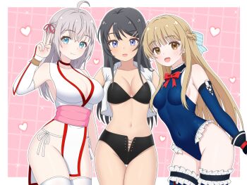 3girls ahoge alisa_mikhailovna_kujou aqua_eyes bare_shoulders bikini black_bikini black_hair blush braid breasts brown_eyes brown_hair cleavage closed_mouth commentary_request commission cosplay crossover curvy dead_or_alive grey_hair hair_between_eyes hair_ribbon highres kasumi_(doa) kasumi_(doa)_(cosplay) lolicorn long_hair long_sleeves looking_at_viewer marie_rose marie_rose_(cosplay) marie_rose_(devilish_servant_against_the_splashing_waves) medium_breasts multiple_girls open_mouth otonari_no_tenshi-sama_ni_itsu_no_mani_ka_dame_ningen_ni_sarete_ita_ken pelvic_curtain pixiv_commission plump purple_eyes red_ribbon ribbon sakurajima_mai seishun_buta_yarou shiina_mahiru_(otonari_no_tenshi-sama) side_braid sideboob smile swimsuit tina_armstrong tina_armstrong_(cosplay) tokidoki_bosotto_roshia-go_de_dereru_tonari_no_alya-san v