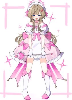 Rule 34 | 1girl, angry, blue eyes, blush, boots, bow, bowtie, brown hair, commentary request, dress, frilled dress, frills, gem, genshin impact, highres, holding, holding staff, lolita fashion, long hair, magical girl, maid headdress, open mouth, pink bow, pink bowtie, sandrone (genshin impact), staff, watari 0208