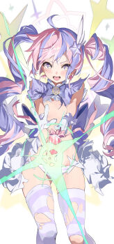 1girl absurdres ahoge berserker_r blue_archive breasts drill_hair feather_hair_ornament feathers frilled_skirt frills gloves hair_ornament highres holding holding_staff long_hair mage_staff magical_girl multicolored_hair panties reisa_(blue_archive) reisa_(magical)_(blue_archive) skirt small_breasts staff star_(symbol) star_hair_ornament streaked_hair striped_clothes striped_panties striped_thighhighs thighhighs torn_clothes twin_drills underwear