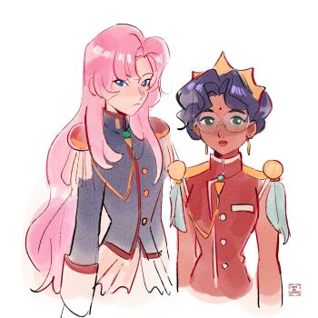 2girls aiguillette applepiewinry artist_name bindi black_jacket blue_eyes bright_pupils closed_mouth commentary cropped_torso crown dark-skinned_female dark_skin dress earrings epaulettes green_eyes highres himemiya_anthy jacket jewelry long_hair long_sleeves multiple_girls pink_hair purple_hair red_dress shoujo_kakumei_utena signature simple_background sleeveless sleeveless_dress symbol-only_commentary tenjou_utena very_long_hair white_background white_pupils