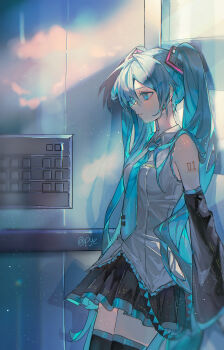 1girl absurdres arm_tattoo armpit_peek bare_shoulders black_skirt black_sleeves black_thighhighs blue_eyes blue_hair blue_necktie breasts buttons collared_shirt commentary_request detached_sleeves elevator frilled_shirt frills glass_wall grey_shirt hair_between_eyes hair_ornament hair_over_shoulder hairclip hatsune_miku highres leaning_back leaning_on_object long_hair looking_ahead looking_to_the_side medium_breasts miniskirt necktie number_tattoo pleated_skirt profile pye_yyy shirt shoulder_tattoo sidelocks signature skirt sleeveless sleeveless_shirt solo striped_clothes striped_skirt striped_sleeves striped_thighhighs tattoo thighhighs thighs twintails twitter_username very_long_hair vocaloid wide_sleeves