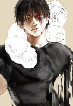 Rule 34 | 1boy, animal, animal around neck, black hair, black shirt, blood, blood on face, caterpillar, closed mouth, eulbhitomi, fushiguro touji, highres, inventory curse (jujutsu kaisen), jujutsu kaisen, male focus, melting, scar, scar on face, scar on mouth, shirt, short hair, short sleeves, simple background, solo