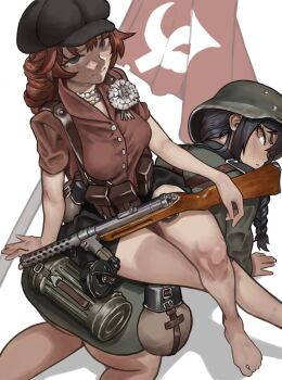2girls ammunition_pouch bare_legs barefoot belt black_hair black_hat black_skirt blue_eyes bottomless brown_eyes canteen carnation combat_helmet communism epaulettes femdom flag flat_cap flower from_above gas_mask_canister german_army germany gun gun_in_lap hammer_and_sickle hat helmet highres human_furniture jacket jewelry leather_belt load_bearing_equipment long_braid long_hair looking_at_another looking_back military military_jacket military_uniform mp18 mr_banzai multiple_girls necklace original partisan pearl_necklace polearm pouch red_hair red_shirt shirt short_sleeves sitting sitting_on_person skirt stahlhelm submachine_gun suspenders weapon wehrmacht white_carnation white_flower world_war_ii yuri