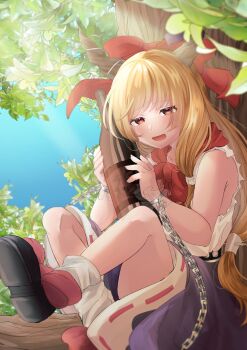 1girl absurdres belt black_shoes blonde_hair blue_sky blush bottle bow bowtie chain commentary_request crossed_legs cuffs footwear_bow frilled_wrist_cuffs frills hair_bow highres holding holding_bottle horns ibuki_suika in_tree knees_up leaf long_hair narrowed_eyes open_mouth purple_skirt red_bow red_bowtie red_eyes ribbon-trimmed_skirt ribbon_trim shackles shirt shoe_soles shoes sitting sitting_in_tree skirt sky sleeveless sleeveless_shirt smile solo sunlight touhou tree wrist_cuffs yoshino_(q_sci)