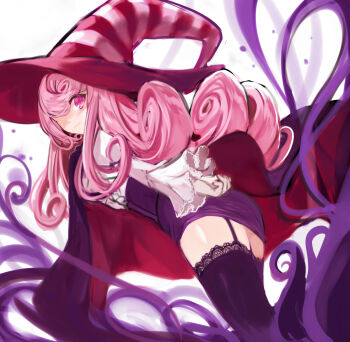 1girl curly_hair dress fuepo gloves hair_over_eyes hat long_hair mario_(series) nintendo paper_mario paper_mario:_the_thousand-year_door personification pink_hair simple_background smile solo striped_clothes striped_headwear vivian_(paper_mario) white_gloves witch_hat