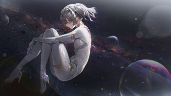 Rule 34 | 1girl, absurdres, black tiara, bodysuit, breasts, chinese commentary, closed eyes, commentary, curled up, fetal position, floating, from side, full body, grey bodysuit, grey hair, hair intakes, high heels, highres, lens flare, nanami: starfarer (pgr), nanami (pgr), nebula, official art, official wallpaper, one side up, planet, punishing: gray raven, short hair, skin tight, small breasts, solo, space, spacesuit, star (sky), tiara, xtears kitsune