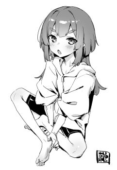 1girl akari_(raigou) barefoot black_hair black_shorts elf fang flat_chest highres jacket long_hair monochrome open_mouth original pointy_ears raigou seal_impression shorts sidelocks simple_background skin_fang solo thick_eyebrows white_background