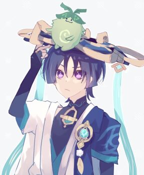 Rule 34 | anemo symbol (genshin impact), aranara (genshin impact), arm at side, black bodysuit, black bridal gauntlets, black hair, blue cape, blue gem, blue hat, blue kimono, blue sleeves, blunt ends, bodysuit, breasts, bridal gauntlets, cape, choppy bangs, closed mouth, commentary request, creature on head, eyeliner, feathers, furisode, gem, genshin impact, gold, gold ring, grey pupils, hand up, hat, japanese clothes, jingasa, juban, kimono, layered sleeves, looking at creature, makeup, male focus, mandarin collar, middle ring, open clothes, open kimono, pom pom (clothes), purple eyes, red eyeliner, scaramouche (genshin impact), short sleeves, shoulder peek, solo, tilted headwear, upper body, wanderer (genshin impact), white background, white kimono, white sleeves, yellow feathers, zkym78