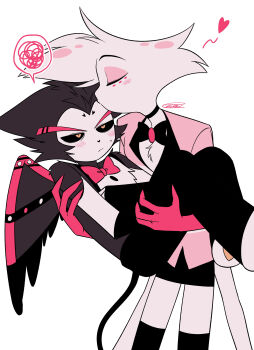 2boys absurdres angel_dust arms_at_sides black_bow black_bowtie black_choker black_hair black_pants black_sclera black_skirt black_thighhighs black_wings blush body_fur bow bowtie brooch buttons carrying cat_boy cat_tail choker closed_eyes closed_mouth colored_sclera commentary_request cowboy_shot crossed_arms extra_arms eyeshadow facial_mark feet_out_of_frame fewer_digits flat_color frown furry furry_male gloves hazbin_hotel heart hellaverse highres husk_(hazbin_hotel) jewelry jitome kiss looking_at_another makeup male_focus menma_(enaic31) miniskirt multiple_boys pants pencil_skirt pink_eyeshadow pink_gloves pink_shirt princess_carry profile red_bow red_bowtie red_wings shirt signature simple_background skirt spoken_squiggle squiggle standing suspenders sweatdrop tail thick_eyebrows thighhighs traditional_bowtie two-tone_fur u_u white_background white_fur wings yaoi yellow_eyes zettai_ryouiki