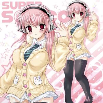 Rule 34 | 2000s (style), blush, breasts, character name, headphones, large breasts, lottie (gravyalloverhim), necktie, nitroplus, non-web source, panties, panty peek, pink eyes, pink hair, striped clothes, striped necktie, super sonico, sweater, underwear, white panties, yellow sweater