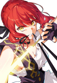 1girl absurdres ancient_greek_clothes black_choker bow_(weapon) braid breasts bun_with_braided_base choker cleavage clenched_teeth collarbone commentary_request drawing_bow dress fate_(series) fingerless_gloves gloves greco-roman_clothes hair_bun hair_ribbon highres hippolyta_(fate) holding holding_bow_(weapon) holding_weapon kumo33 looking_at_viewer medium_breasts red_hair ribbon short_hair sideboob sidelocks simple_background solo teeth weapon white_background yellow_eyes