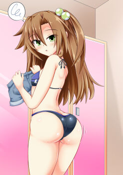 1girl ass bare_shoulders bikini blush bow breasts brown_hair butt_crack choujigen_game_neptune compile_heart embarrassed from_behind green_eyes hair_bobbles hair_ornament highres idea_factory if_(neptunia) jiggle kyou_(hibikit) long_hair looking_at_viewer neptune_(series) open_mouth shiny_clothes shiny_skin short_shorts shorts sideboob small_breasts solo swimsuit very_long_hair
