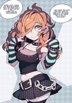 1girl bare_shoulders belt black_belt black_camisole black_collar black_skirt black_thighhighs breasts camisole chain closed_mouth collar collarbone commentary cowboy_shot ear_piercing english_commentary english_text fishnet_sleeves fishnets freckles gingham_skirt green_eyes hair_over_one_eye highres kaz_asteri long_hair looking_at_viewer medium_breasts midriff navel negative_frames orange_hair parororo piercing pleated_skirt see-through_cleavage see-through_clothes skirt smile solo speech_bubble spiked_collar spikes striped_arm_warmers thighhighs unmoving_pattern