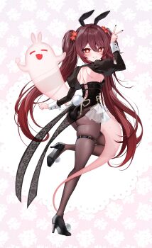1girl absurdres alternate_costume animal_ears ass black_leotard black_nails black_pantyhose black_shoes blush boo_tao_(genshin_impact) brown_hair commentary_request fake_animal_ears fake_tail fingernails flower-shaped_pupils from_side full_body genshin_impact gradient_hair grin hand_up high_heels highres hu_tao_(genshin_impact) ineka_ka leg_up leotard long_hair long_sleeves looking_at_viewer looking_to_the_side multicolored_hair nail_polish pantyhose playboy_bunny rabbit_ears red_eyes red_hair shoes smile solo symbol-shaped_pupils tail thigh_strap twintails v very_long_hair
