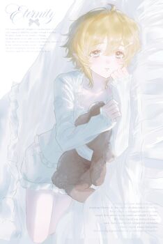 1boy absurdres ahoge alternate_costume androgynous aotu_world bed bed_sheet blonde_hair blue_eyes blush chinese_commentary closed_mouth collarbone commentary_request crossdressing crossdressing_(mtf) english_text frilled_shirt frilled_shorts frills hair_between_eyes hair_ornament hairclip highres holding holding_stuffed_toy king_(aotu_world) long_sleeves looking_at_viewer lying male_focus on_bed on_side pajamas parted_lips plutoray pointy_ears shirt short_hair shorts sideways simple_background smile solo sparkle stuffed_animal stuffed_toy teddy_bear trap watermark white_background white_shirt white_shorts