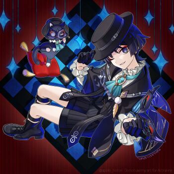 Rule 34 | 1boy, animalization, apollo hotori, aqua gemstone, ascot, black boots, black cat, black cloak, black gloves, black hair, black hat, black shorts, black vest, blue ascot, blue hair, blunt ends, boater hat, boots, bright pupils, brooch, cat, chain, checkered background, cloak, commentary request, curtains, dated, domino mask, eye mask, eyeliner, eyeshadow, feathers, formal clothes, frilled ascot, frilled sleeves, frills, from above, gem, genshin impact, gloves, gold chain, half gloves, hands up, hat, hat tip, highres, holding, holding mask, jewelry, lace-up boots, layered ascot, long sleeves, makeup, male focus, mask, multicolored hair, official alternate costume, one eye closed, open mouth, person and animalization, pleated shorts, pom pom (clothes), purple ascot, purple eyes, purple mask, red eyeliner, red eyeshadow, scaramouche (cat) (genshin impact), scaramouche (genshin impact), shorts, smile, streaked hair, twitter username, vest, wanderer (genshin fes 2026) (genshin impact), wanderer (genshin impact), white mouth, white pupils, white sleeves, white trim, wispy bangs, yellow feathers