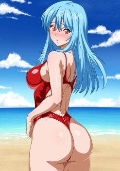 Rule 34 | 1girl, beach, blue hair, blue sky, blush, breasts, cloud, competition swimsuit, day, dragon quest, dragon quest iii, highres, horizon, long hair, medium breasts, nose blush, ocean, one-piece swimsuit, one-piece thong, orange eyes, outdoors, priest (dq3), racerback, red one-piece swimsuit, sky, solo, swimsuit, yuuyuu (3jjbn)