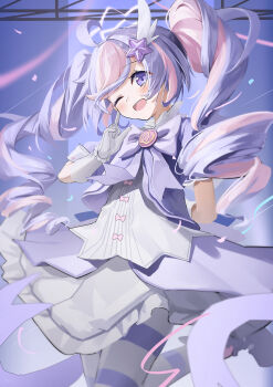 1girl ;d absurdres ahoge arm_behind_back blue_archive blush bow bowtie chinese_commentary commentary cowboy_shot dress drill_hair fengxue floating_hair frilled_dress frills gloves hair_ornament halo hand_up happy highres index_finger_raised long_hair looking_at_viewer magical_girl multicolored_hair official_alternate_costume official_alternate_hairstyle one_eye_closed ooarai_school_uniform open_mouth pantyhose pink_hair pink_halo purple_bow purple_bowtie purple_dress purple_eyes purple_hair reisa_(blue_archive) reisa_(magical)_(blue_archive) school_uniform short_sleeves smile solo standing standing_on_one_leg star_(symbol) star_hair_ornament star_halo streaked_hair striped_clothes striped_pantyhose tareme twin_drills twintails two-tone_dress two-tone_hair two-tone_pantyhose very_long_hair white_dress white_gloves wing_hair_ornament