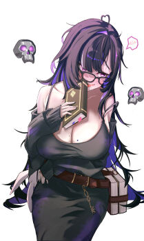 1girl absurdres bare_shoulders black-framed_eyewear black_cardigan black_dress black_hair blush book bookmark breasts cardigan cardigan_partially_removed cleavage collarbone colored_inner_hair commentary_request dabrew dress drooling floating_skull glasses goddess_of_victory:_nikke hair_over_one_eye highres holding holding_book label_(nikke) large_breasts long_hair looking_at_viewer mole mole_on_breast multicolored_hair open_mouth purple_eyes purple_hair purple_streaks saliva simple_background sleeveless sleeveless_dress smile solo speech_bubble stuffed_animal stuffed_rabbit stuffed_toy very_long_hair